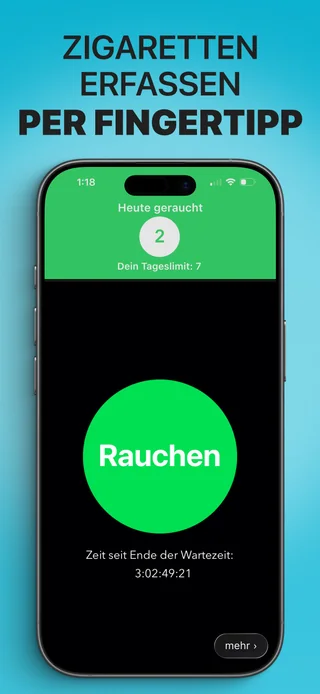 Die Alive-App zeigt die heutige Zigarettenanzahl und die Taste zum Erfassen