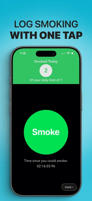 Alive on iPhone showing today's cigarette count, daily limit, and one-tap logging button