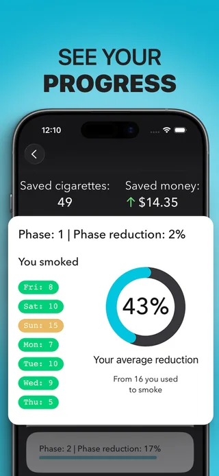 Alive on iPhone showing cigarette counts, recorded reduction, and estimated savings