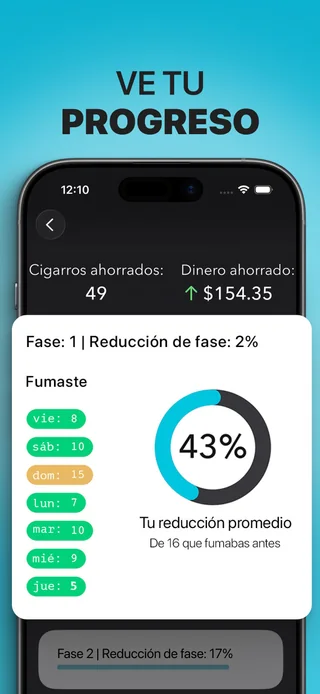 Alive en iPhone muestra el conteo de cigarros, la reducción registrada y el ahorro estimado