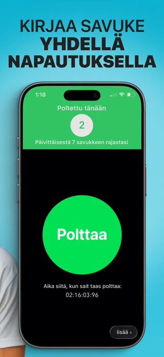 Alive-sovelluksen näkymä, jossa on tämän päivän savukemäärä ja kirjauspainike