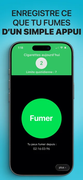L’appli Alive affiche le nombre de cigarettes fumées aujourd’hui et le bouton pour les enregistrer