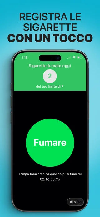 L’app Alive mostra il numero di sigarette di oggi e il pulsante per registrarle