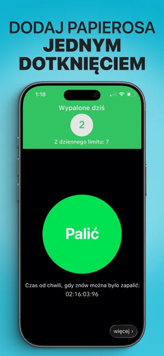 Aplikacja Alive z liczbą wypalonych dziś papierosów i przyciskiem dodawania wpisu