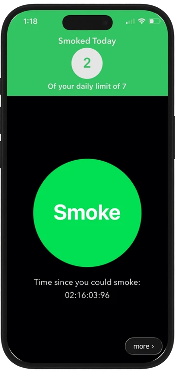 Alive app showing today's cigarette count and the logging button