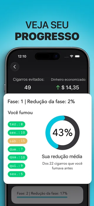 Alive no iPhone mostra a contagem de cigarros, a redução registrada e a economia estimada