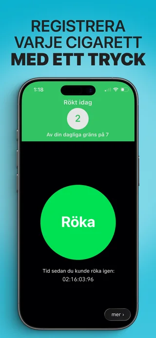 Alive med dagens antal cigaretter och knappen för registrering
