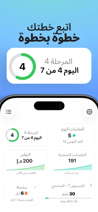 لوحة تطبيق الإقلاع عن الفيب تدريجيًا تعرض المرحلة الحالية والجلسات المسجّلة والتوفير التقديري