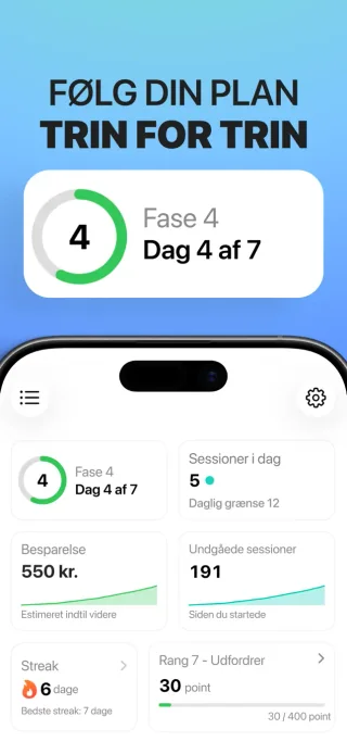 Oversigten i Stop med at vape gradvist med den aktuelle fase, registrerede sessioner og anslåede besparelser