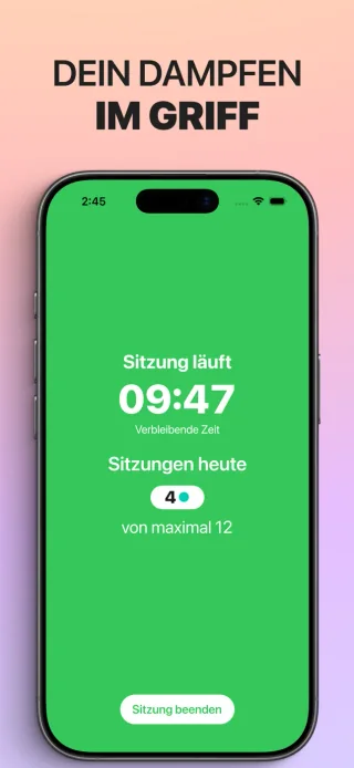 Quit Vaping auf dem iPhone zeigt den Timer einer laufenden Dampfeinheit und die Anzahl der heutigen Einheiten