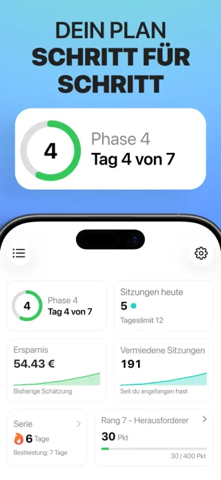 Übersicht in Quit Vaping mit der aktuellen Phase, den erfassten Dampfeinheiten und der geschätzten Ersparnis