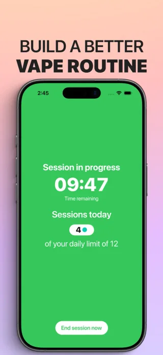 Quit Vaping Gradually on iPhone showing an active session timer and today's session count