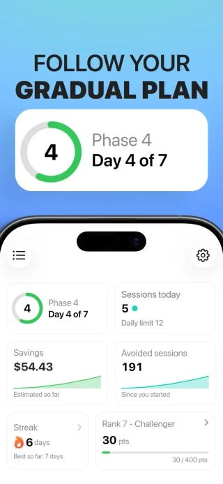 Quit Vaping Gradually dashboard showing the current phase, recorded sessions, and estimated savings