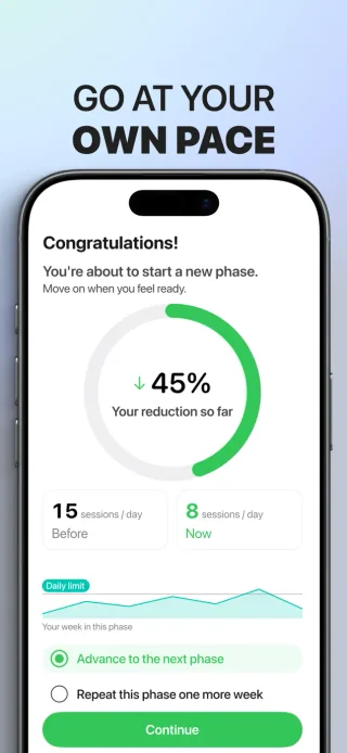 Quit Vaping Gradually weekly phase review with session history and options for the next week