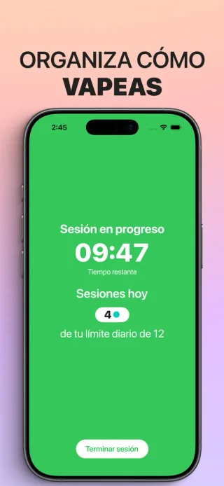 Dejar de vapear poco a poco en iPhone muestra el temporizador de una sesión activa y el conteo de sesiones de hoy