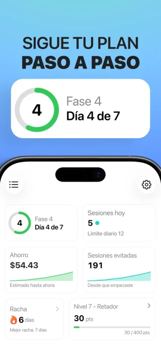 Panel de Dejar de vapear poco a poco con la fase actual, las sesiones registradas y el ahorro estimado
