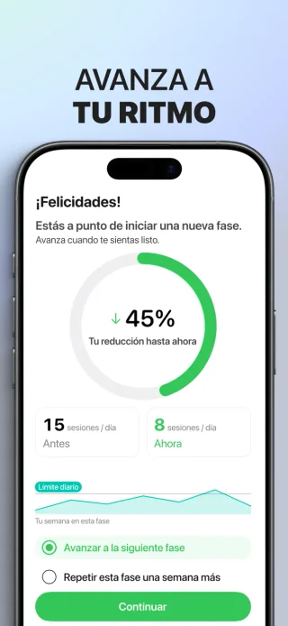 Revisión semanal de Dejar de vapear poco a poco con el historial de sesiones y las opciones para la siguiente semana