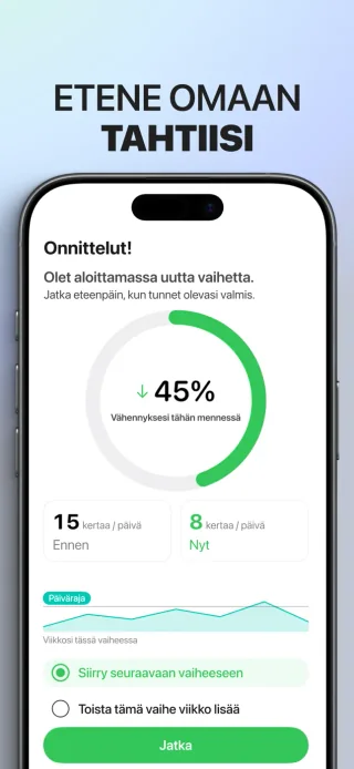 Lopeta vapettaminen vähitellen -sovelluksen viikkokatsaus: aiemmat käyttökerrat ja seuraavan viikon vaihtoehdot