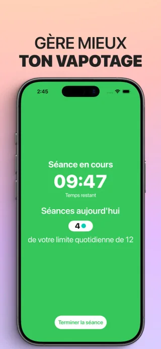 Arrêter de vapoter peu à peu sur iPhone affiche le minuteur d’une session en cours et le nombre de sessions du jour