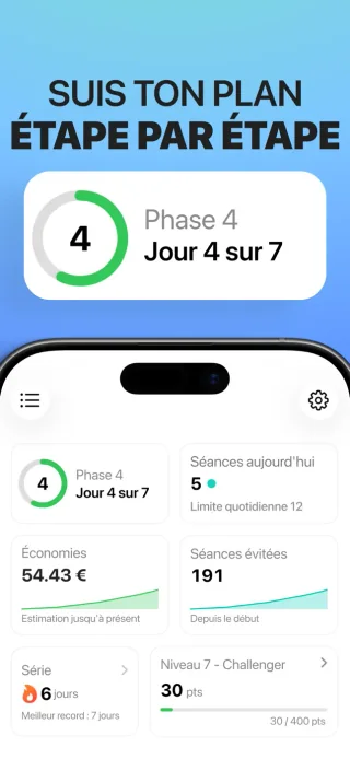 Tableau de bord d’Arrêter de vapoter peu à peu avec la phase actuelle, les sessions enregistrées et les économies estimées