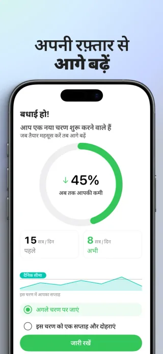 वेपिंग छोड़ें: धीरे-धीरे ऐप की साप्ताहिक समीक्षा में पिछले सत्र और अगले हफ़्ते के विकल्प