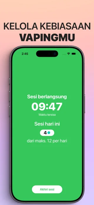 Berhenti Vape Secara Bertahap di iPhone menampilkan timer sesi yang sedang berjalan dan jumlah sesi hari ini