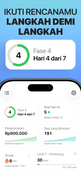 Dasbor Berhenti Vape Secara Bertahap menampilkan fase saat ini, sesi yang tercatat, dan perkiraan penghematan