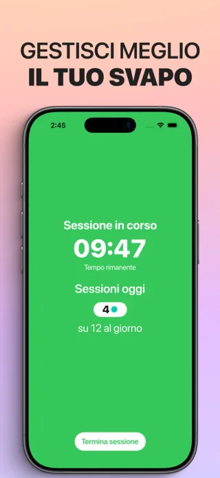 Smettere di svapare per gradi su iPhone mostra il timer di una sessione in corso e il conteggio delle sessioni di oggi