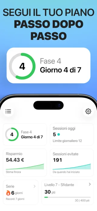 Riepilogo di Smettere di svapare per gradi con la fase attuale, le sessioni registrate e il risparmio stimato