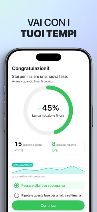 Riepilogo settimanale di Smettere di svapare per gradi con lo storico delle sessioni e le opzioni per la settimana successiva