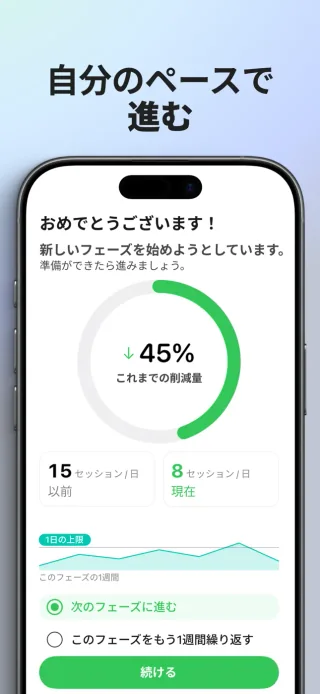 電子タバコをやめるアプリの週間レビュー画面。セッション履歴と翌週の選択肢を表示