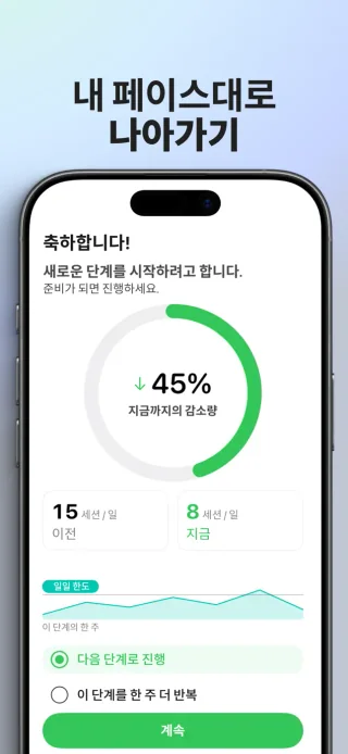 세션 기록과 다음 주의 선택지가 표시된 전자담배 끊기 앱의 주간 검토 화면