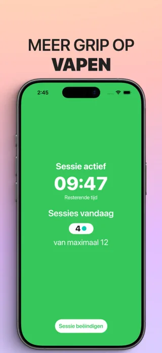 Quit Vaping op iPhone toont de timer van een actieve sessie en het aantal sessies van vandaag
