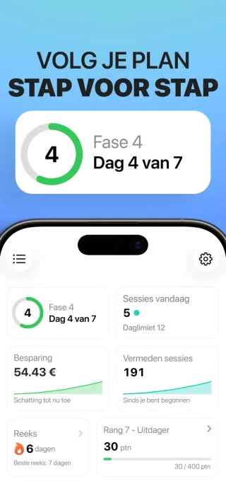Overzicht in Quit Vaping met de huidige fase, bijgehouden sessies en geschatte besparing