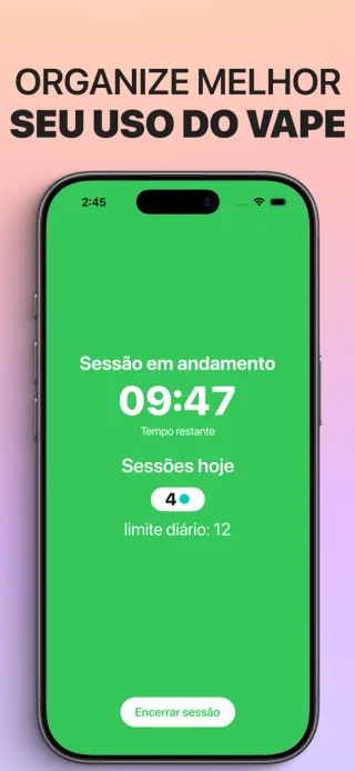 Quit Vaping no iPhone mostra o temporizador de uma sessão em andamento e a contagem de sessões de hoje
