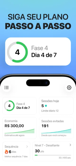 Painel do Quit Vaping com a fase atual, as sessões registradas e a economia estimada