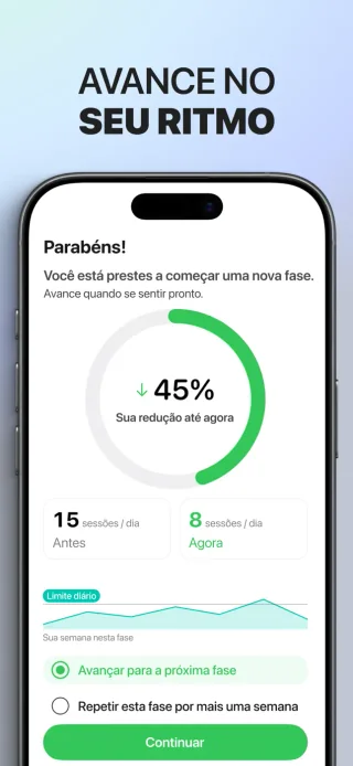 Revisão semanal do Quit Vaping com o histórico de sessões e as opções para a próxima semana