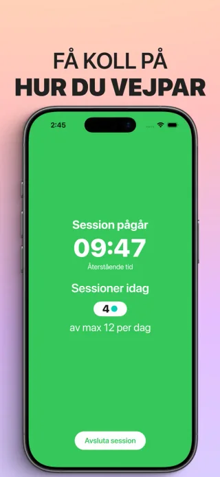 Sluta vejpa steg för steg på iPhone med en pågående sessionstimer och dagens antal sessioner