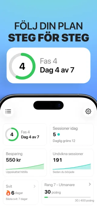 Översikten i Sluta vejpa steg för steg med aktuell fas, registrerade sessioner och uppskattade besparingar