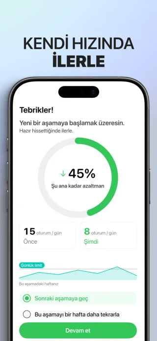 Vape'i bırak: adım adım uygulamasında seans geçmişi ve gelecek haftanın seçeneklerini içeren haftalık değerlendirme