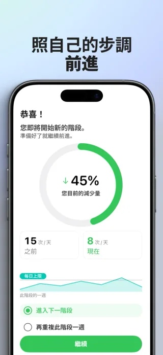 戒電子煙 App 的每週階段回顧，顯示使用紀錄與下週選項